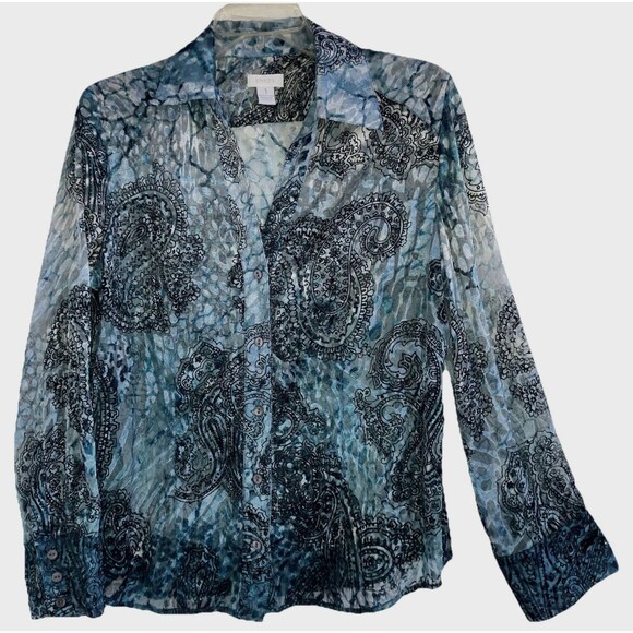CHICO'S sz M sz 1 Blue Burn Out Crush Velvet Tab Sleeve Button Tunic Blouse - Picture 1 of 6